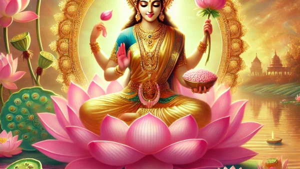 Goddess Lakshmi surrounded by lotus flowers and seeds