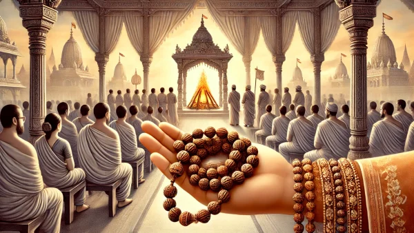 Hindu funeral setting with a close-up of a hand holding sacred rudraksha beads