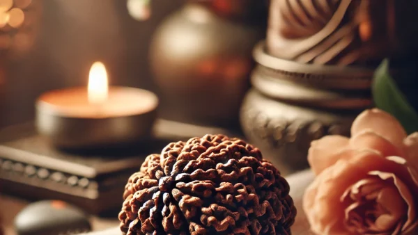 Rudraksha bead resting on a soft cloth in a spiritual setting.