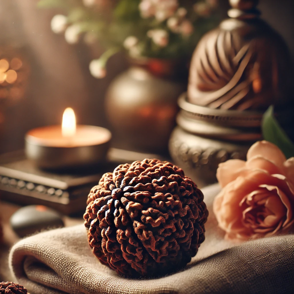 Rudraksha bead resting on a soft cloth in a spiritual setting.