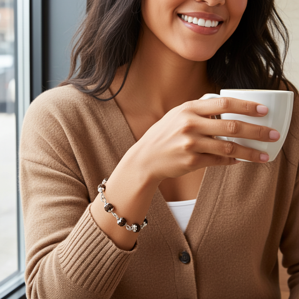 5 Mukhi Mini Rudraksha Silver Full Cap Bracelet - Image 2